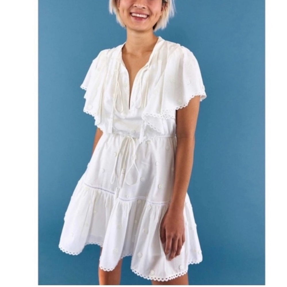 FARM Rio White 3D flower Embroidered Eyelet cotton beaded tie dress